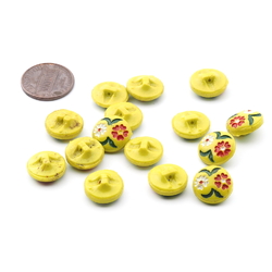 Lot (15) Czech Deco vintage hand painted yellow flower glass buttons 13mm