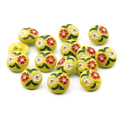 Lot (15) Czech Deco vintage hand painted yellow flower glass buttons 13mm