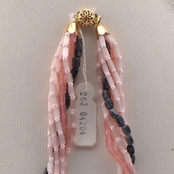 Vintage Czech 5 strand necklace pink satin atlas marble glass beads 16"