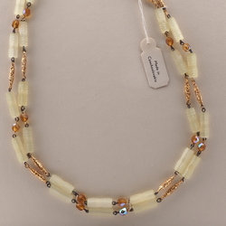 Vintage Czech 2 strand link necklace frost yellow satin atlas vitrail topaz glass beads 19"