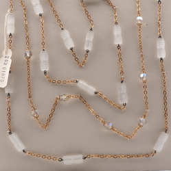 Vintage Czech 3 strand gold chain necklace frost satin atlas pentagon AB glass beads 21"