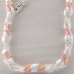 Vintage Czech 4 strand necklace pink crystal satin atlas white oval glass beads 20"