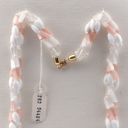 Vintage Czech 4 strand necklace pink clear satin atlas white oval glass beads 20"