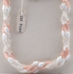 Vintage Czech 4 strand necklace pink clear satin atlas white oval glass beads 20"