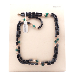 Long vintage Czech necklace black pentagon green clear round glass beads 48" 