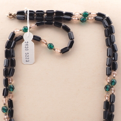 Long vintage Czech necklace black pentagon green clear round glass beads 48" 