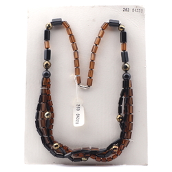 Vintage Czech 4 strand necklace black topaz pentagon bronze metallic glass beads 25" 