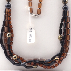 Vintage Czech 4 strand necklace black topaz pentagon bronze metallic glass beads 25" 