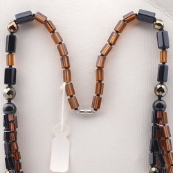 Vintage Czech 4 strand necklace black topaz pentagon metallic glass beads 25" 