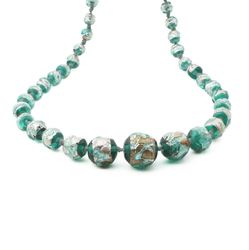 Vintage Czech necklace foil overlay handmade lampwork green glass beads