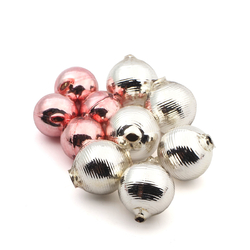 Mix (10) Czech silver pink round ribbed blown mercury glass Christmas garland beads 20 mm 24 mm