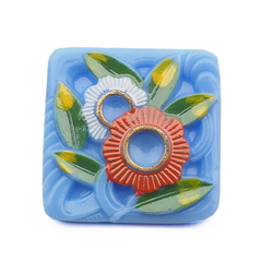 Vintage Czech blue square glass button gold gilt floral hand painted 25mm