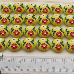 Card (24) Czech vintage hand painted flower yellow glass buttons 13mm