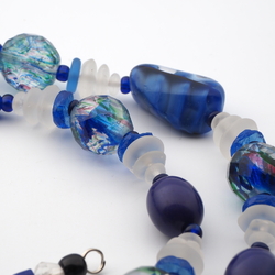 Vintage Czech necklace Art Deco frost blue satin crystal rainbow glass beads 29"