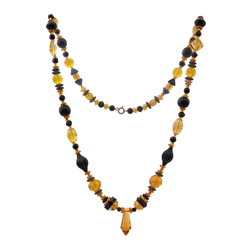 Vintage Czech necklace Art Deco black topaz glass beads 26"