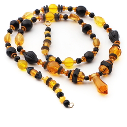 Vintage Czech necklace Art Deco black topaz glass beads 26"