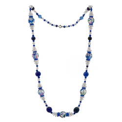 Vintage Czech necklace Art Deco blue cobalt crystal rainbow glass beads 26"