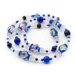 Vintage Czech necklace Art Deco blue cobalt crystal rainbow glass beads 26"