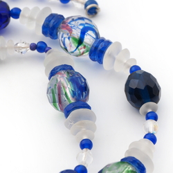 Vintage Czech necklace Art Deco blue cobalt crystal rainbow glass beads 26"
