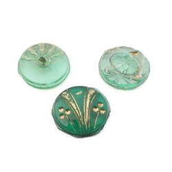 Lot (3) Czech antique Nouveau gold gilt green uranium floral glass cabochons 16mm