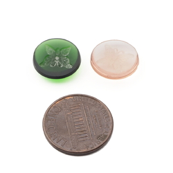 Lot (2) rare Czech antique intaglio butterfly clear green glass cabochons 14mm