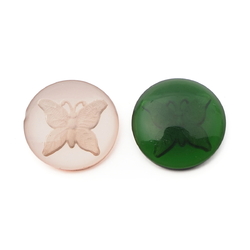 Lot (2) rare Czech antique intaglio butterfly clear green glass cabochons 14mm