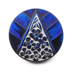 Vintage Czech blue silver metallic geometric floral black glass button 23mm