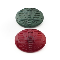 Lot (2) large vintage Czech green red oval butterfly glass buttons 45mm