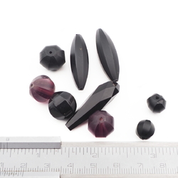 Lot (9) Czech antique teardrop oval round faceted black purple glass beads