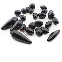 Lot (24) Czech antique teardrop oval round melon faceted black glass beads