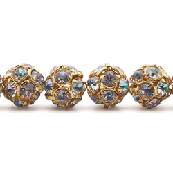 Rhinestone gold tone metal ball beads 10 mm Lt. Vitrail Rainbow pink blue Czech glass lot 12pcs