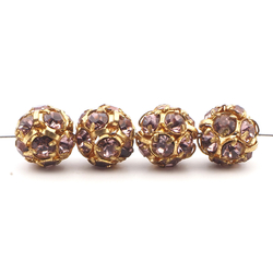 Rhinestone gold tone metal ball beads 10 mm Lt. Amethyst Czech glass lot 12pcs