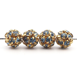 Rhinestone gold tone metal ball beads 6 mm lt. sapphire Blue Czech glass lot 12pcs