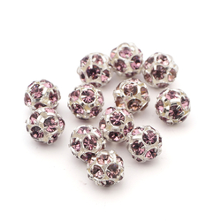 Rhinestone silver tone metal ball beads 10 mm Lt. Amethyst Czech glass lot 12pcs