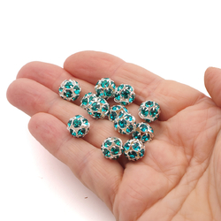 Rhinestone silver tone metal ball beads 10 mm Blue Zircon Czech glass lot 12pcs