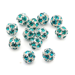Rhinestone silver tone metal ball beads 10 mm Blue Zircon Czech glass lot 12pcs