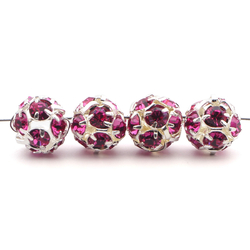 Rhinestone silver tone metal ball beads 10 mm Fuchsia Pink Czech glass lot 12pcs
