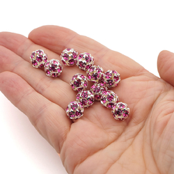 Rhinestone silver tone metal ball beads 10 mm Fuchsia Pink Czech glass lot 12pcs