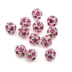 Rhinestone silver tone metal ball beads 10 mm Fuchsia Pink Czech glass lot 12pcs