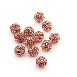 Rhinestone gold tone metal ball beads 12 mm Rosa Pink Czech glass lot 12pcs