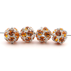 Rhinestone silver tone metal ball beads 10 mm Orange Sun Czech glass lot 16pcs