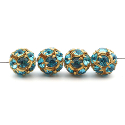 Rhinestone gold tone metal ball beads 12 mm Aqua Blue Czech glass lot 8pcs