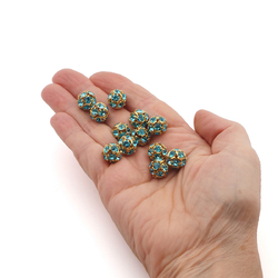 Rhinestone gold tone metal ball beads 12 mm Aqua Blue Czech glass lot 8pcs