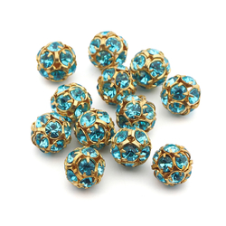 Rhinestone gold tone metal ball beads 12 mm Aqua Blue Czech glass lot 8pcs