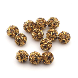Rhinestone raw brass metal ball beads 12 mm Sm. Topaz Czech glass lot 8pcs