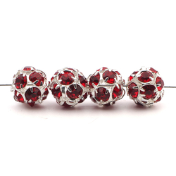 Rhinestone silver tone metal ball beads 10 mm Lt. Siam Red Czech glass lot 12pcs