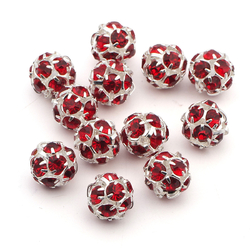 Rhinestone silver tone metal ball beads 10 mm Lt. Siam Red Czech glass lot 12pcs