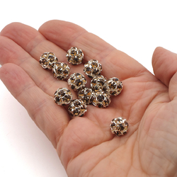 Rhinestone silver tone metal ball beads 10 mm Sm.Topaz Czech glass lot 12pcs