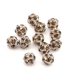 Rhinestone silver tone metal ball beads 10 mm Sm.Topaz Czech glass lot 12pcs