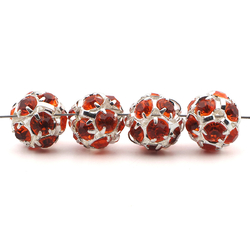 Rhinestone silver tone metal ball beads 10 mm Hyacint Orange Czech glass lot 12pcs